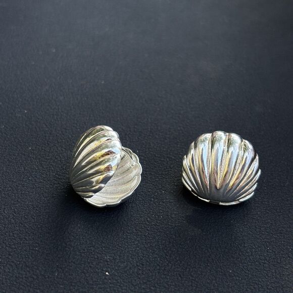 New Sterling Silver Scallop Shell Clip On Earrings Two-Piece 925 Hinged Design - Picture 8 of 11